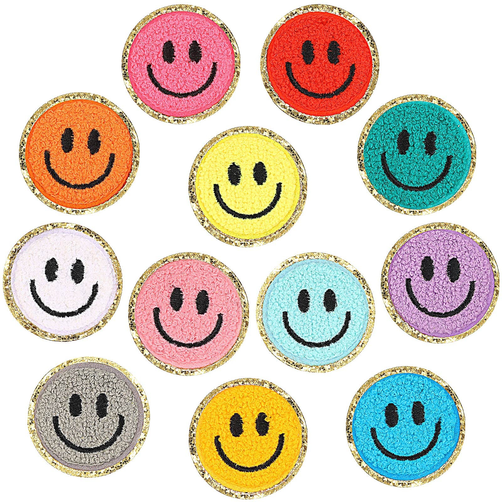 12 Pcs Smile Face Iron On Patches Happy Face Chenille Patches for Clothes Dress Jackets Hats Cute Embroidery DIY Craft Applique(2.2 Inch) | Amazon (US)