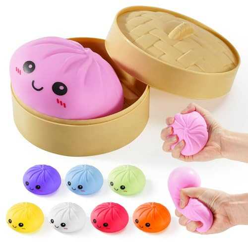 Dumpling Squishies, Glitter Dumpling Mystery Box, Colorful Dumplings Stress Balls Fidget Sensory Toy, Stocking Stuffers with Food Steamer Stretchy Desk Toys (Pink) | Amazon (US)