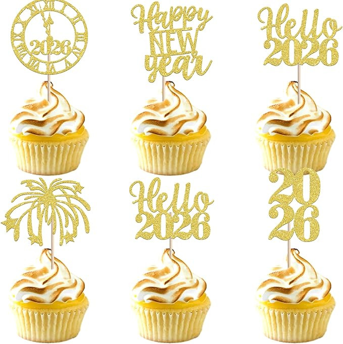 30 PCS Happy New Year 2026 Cupcake Toppers Glitter Cheers to 2026 Fireworks Clock Hello 2026 Cupc... | Amazon (US)