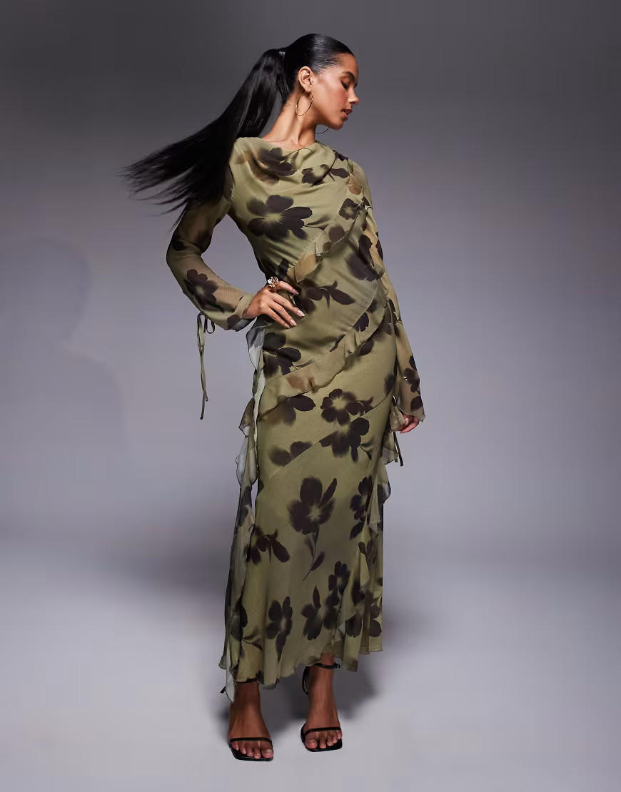 Daska chiffon maxi dress with frill details in abstract print-Multi | ASOS (Global)