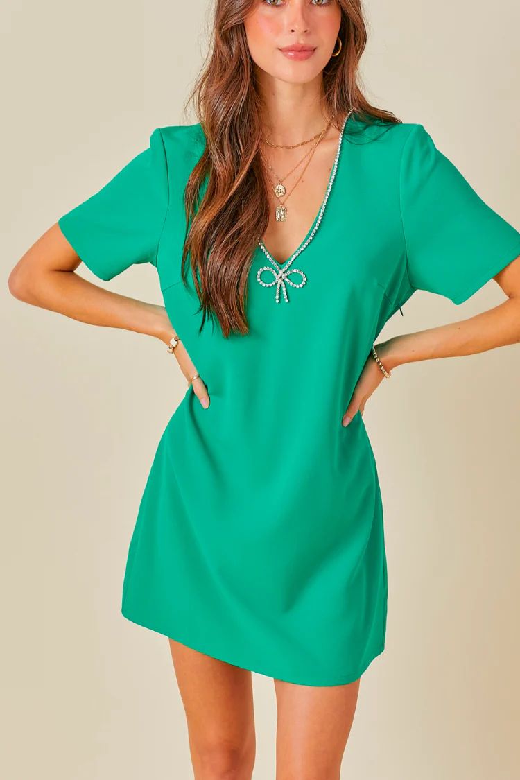 Crystal Bow Green Mini Dress | Confête