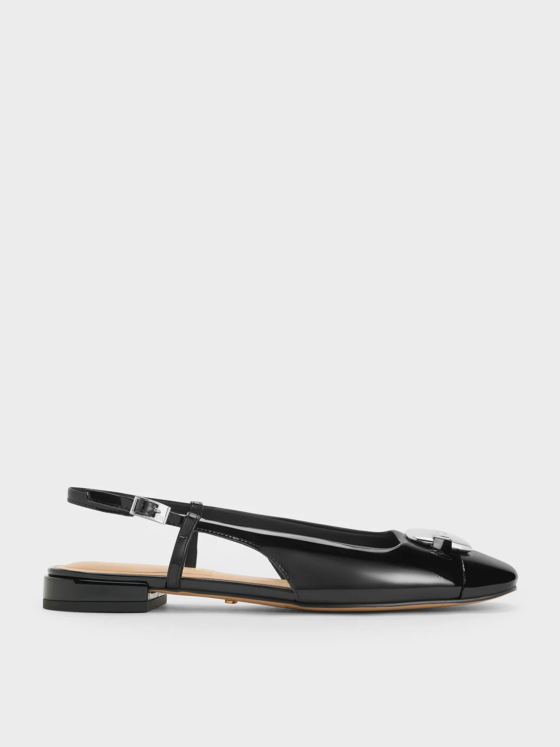 Black Patent Leather Metallic-Accent Slingback Flats | CHARLES & KEITH UK | Charles & Keith UK