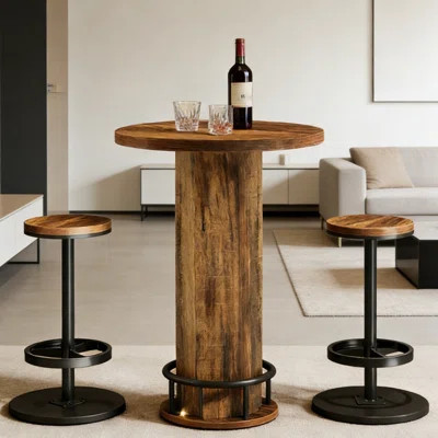 Rustic Industrial Solid Wood Bar Table - Round High Pub Table - Vintage Style Pedestal Dining Table For Kitchen, Lounge, Or Game Room - Brown Finish | Wayfair North America