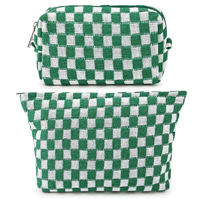 SOIDRAM 2 Pieces Makeup Bag Large Checkered Cosmetic Bag Green Capacity Canvas Travel Toiletry Ba... | Amazon (US)