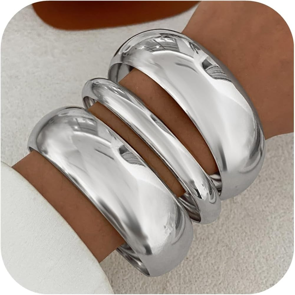 Chunky Gold Bangle Bracelets for Women Stack Trendy Silver Wide Wrist Statement Cuff Bracelet Arm... | Amazon (US)