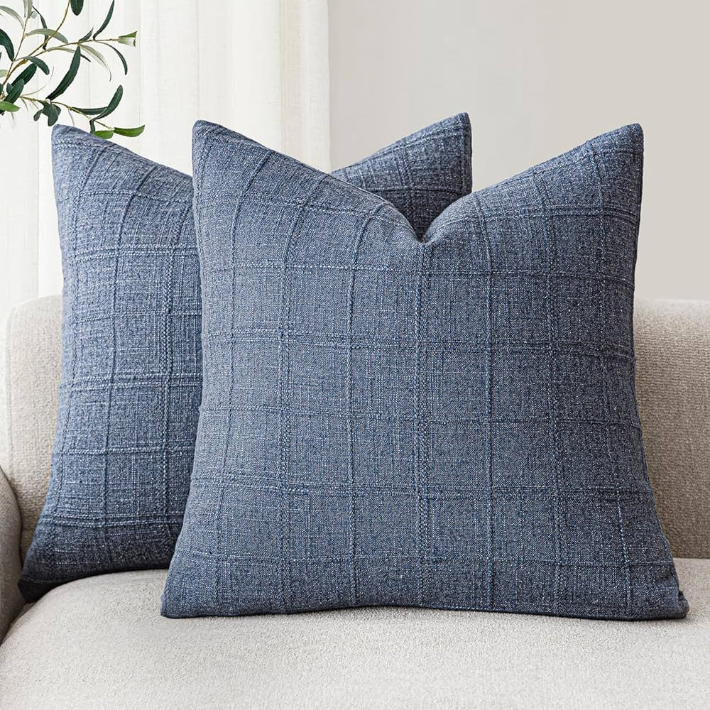Foindtower Set of 2 Decorative Linen Check Throw Pillow Covers Neutral Farmhouse Vintage Cushion ... | Amazon (US)