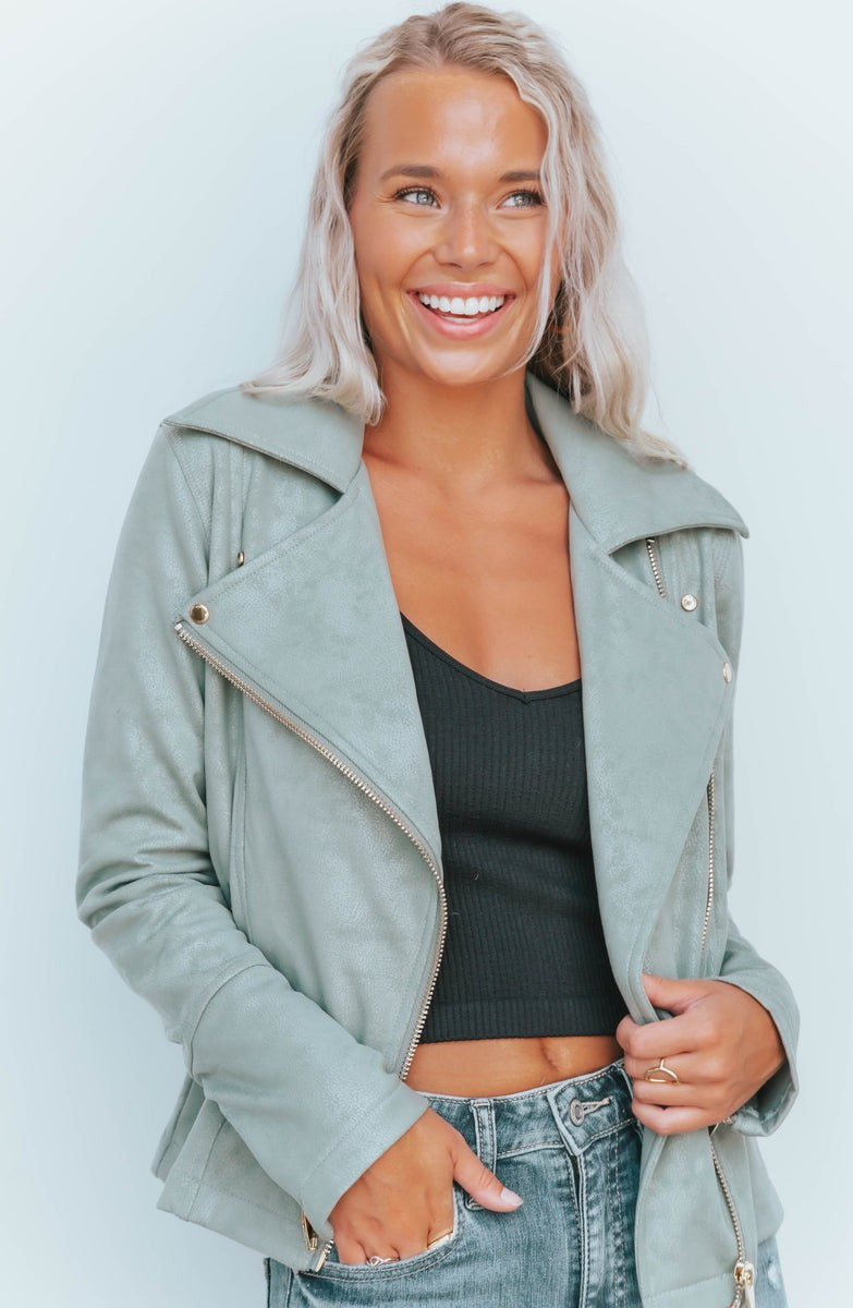 PRE-ORDER: Always Iconic Green Faux Leather Moto Jacket | Apricot Lane Boutique