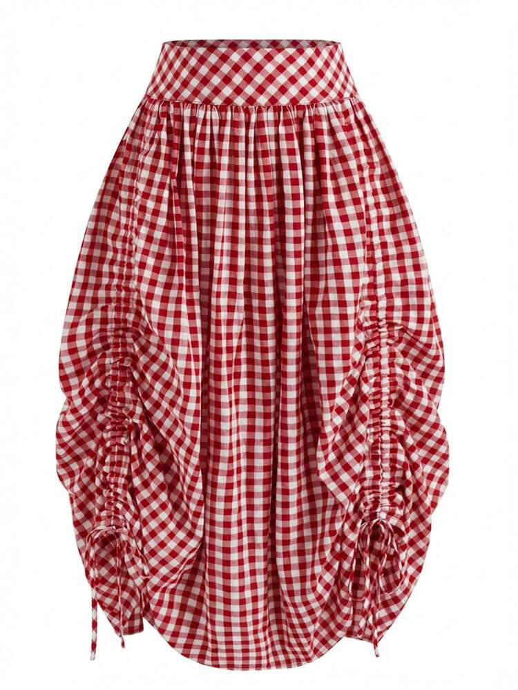 Solstice Apparel Plaid Print Drawstring Ruched Balloon Skirt, High Waist Loose Fit Midi Skirt, Vintage Countryside Style, Suitable For Daily Commute, Outing And Dates, Versatile Bottom Wear For Spring And Summer Vacation | SHEIN