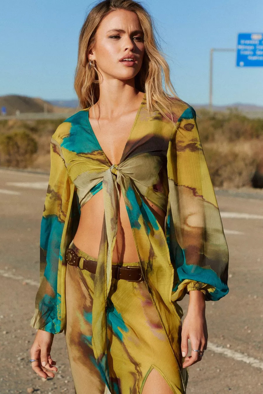 Tie Dye Sheer Tie Front Balloon Sleeve Beach Top | Nasty Gal US