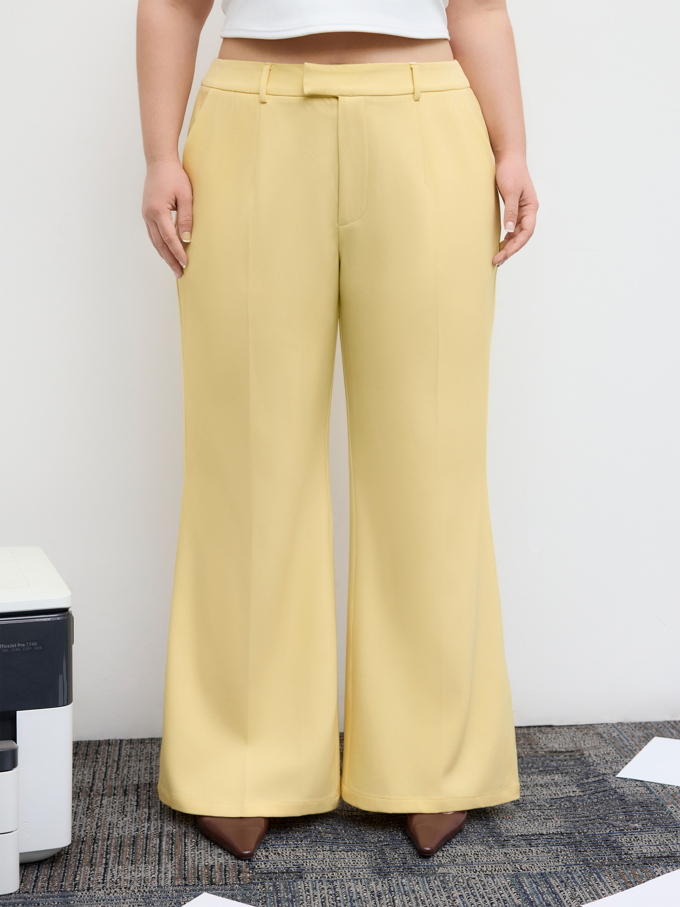 Woven Mid Rise Pocket Flared Trousers Curve & Plus For Work | Cider