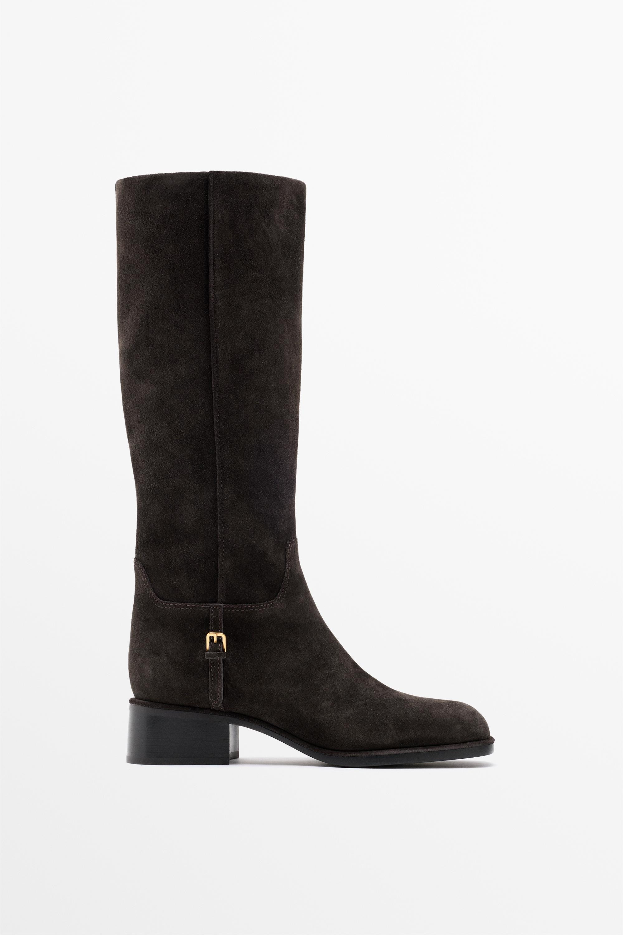 Flat split suede leather boot with lateral buckle - BROWN | Massimo Dutti US