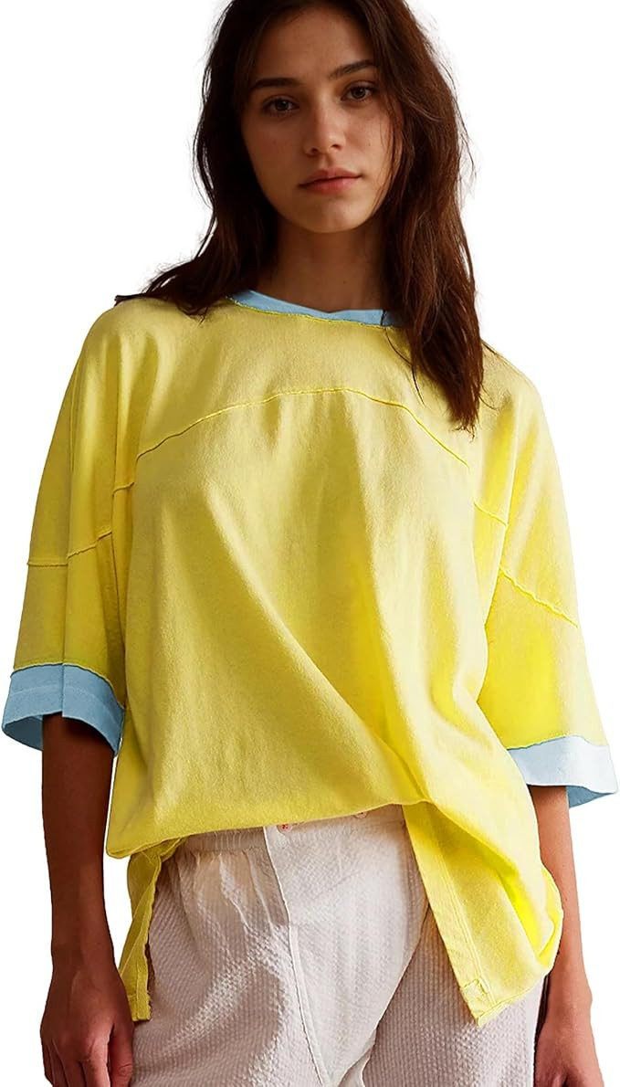 Hixiaohe Women Summer Tops Short Sleeve Color Block Shirt Oversized Tshirts Casual Loose Tee Shir... | Amazon (US)