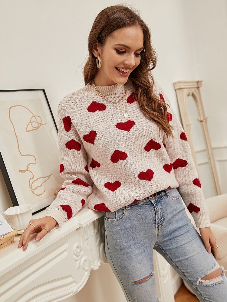 Heart Pattern Drop Shoulder Sweater | SHEIN
