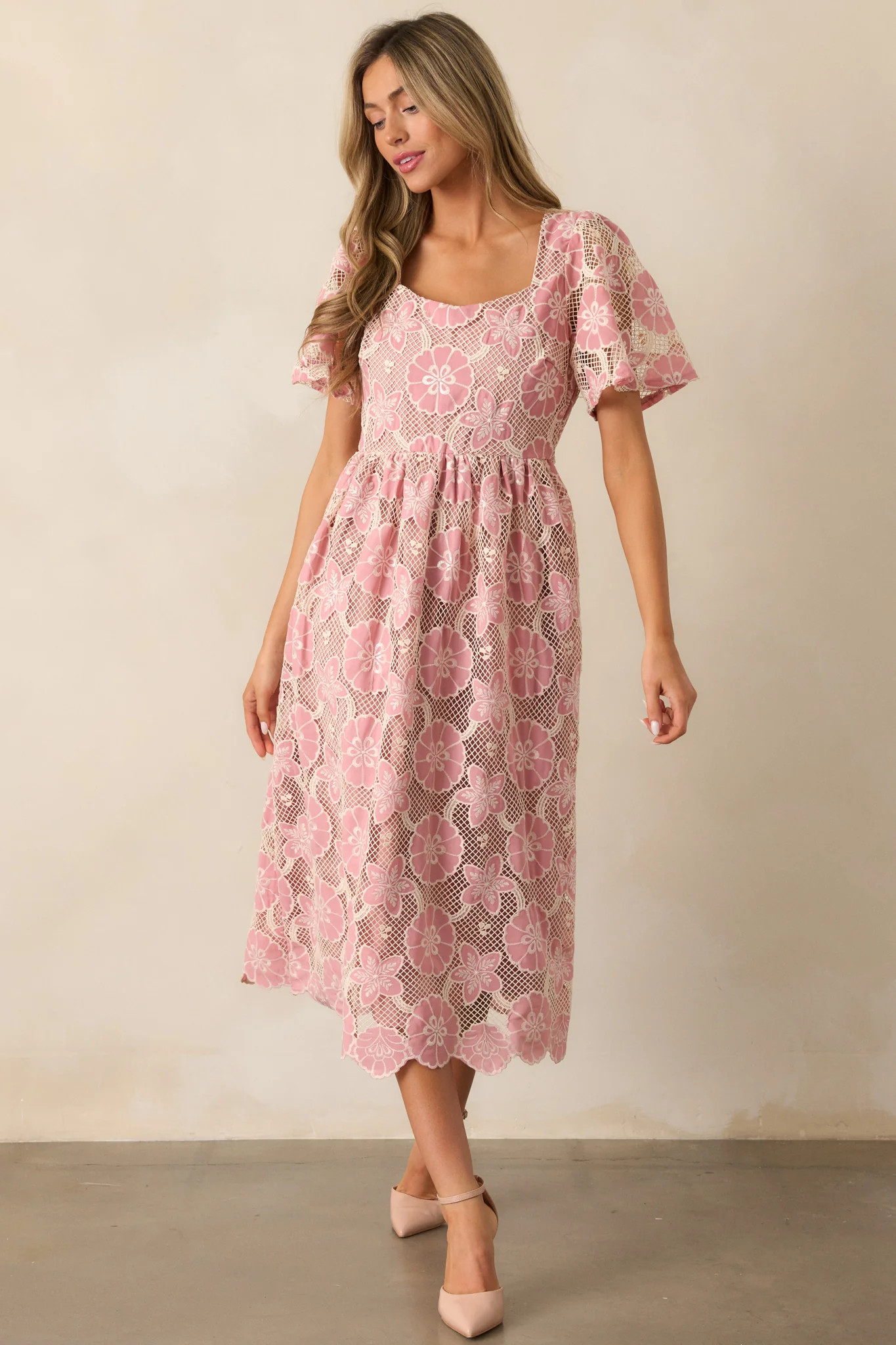 The Sweetest Rose Pink Embroidered Floral Midi Dress | Red Dress