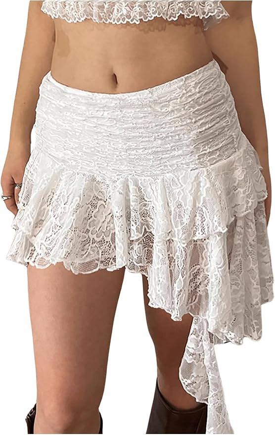 MakeMeChic Women's Lace Skirt with Shorts Low Rise Ruffle Flowy Mini Skirt Micro Skort | Amazon (US)