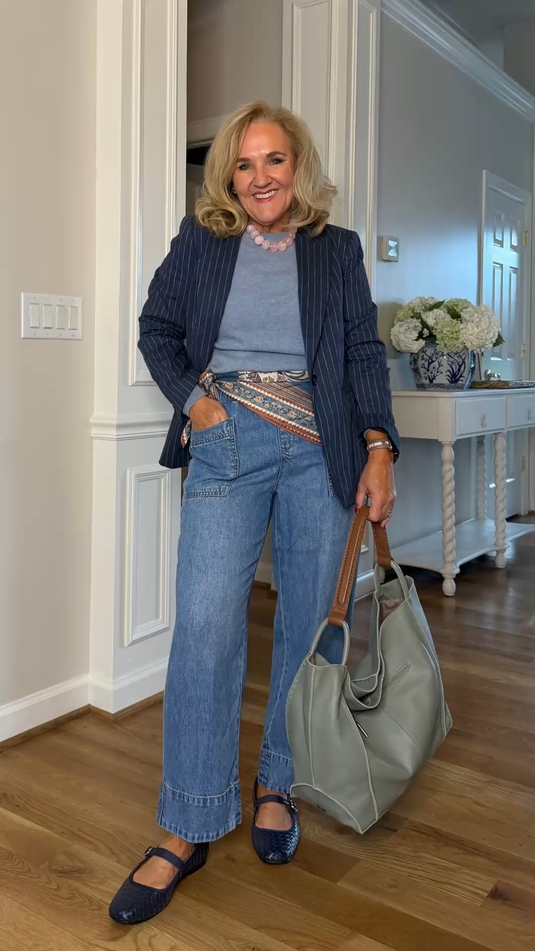 This pinstripe blazer, relaxed denim, and ballet flats strike the perfect balance of polished and comfortable. The patterned belt adds a pretty pop of color, while the soft blue tote keeps the look effortlessly pulled together.

💡 LTK MADE EASY
❤️ Heart = Support my posts!
🔖 Save = Get sale & restock alerts
📋 Lists = Keep favorites organized
📲 Share = Send lists and products to a friend. Hello, Christmas List!
💬 Comment = Ask me anything about what I'm wearing.:-)

#LTKgrwm #LTKootd #LTKdayinmylife