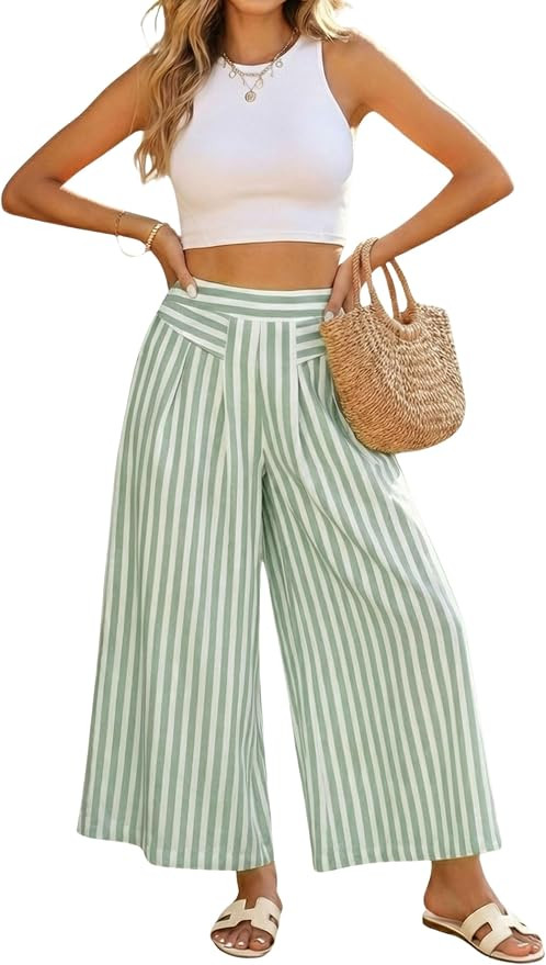 Hooever Women's Stripe Wide Leg Culotte Pants Summer High Elastic Waisted Palazzo Pants with Pock... | Amazon (US)