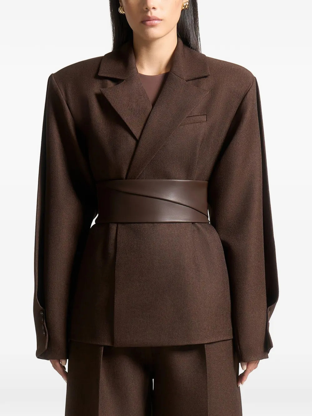 Manière De Voir Marie in brown twist-sleeve tailored blazer with belt | Farfetch Global