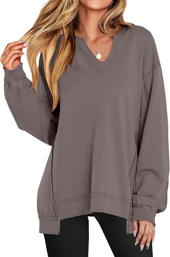 ANRABESS Womens Oversized Sweatshirt V Neck Long Sleeve Tunic Lightweight Pullover 2024 Winter Ca... | Amazon (US)