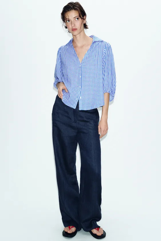 LINEN BLEND GINGHAM SHIRT | Zara UK