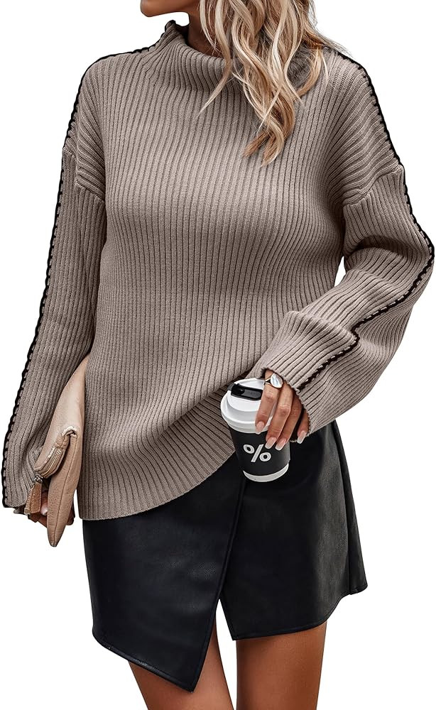 KIRUNDO Women's 2023 Fall Mock Neck Long Sleeve Ribbed Knit Contrast Stitching Oversized Chunky S... | Amazon (US)