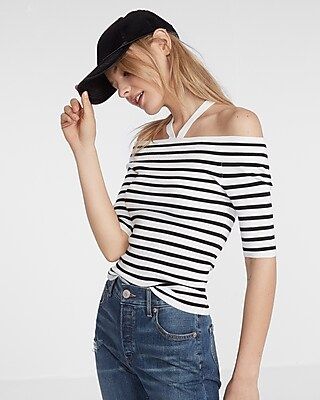 Striped Strappy Off The Shoulder Pullover Sweater | Express