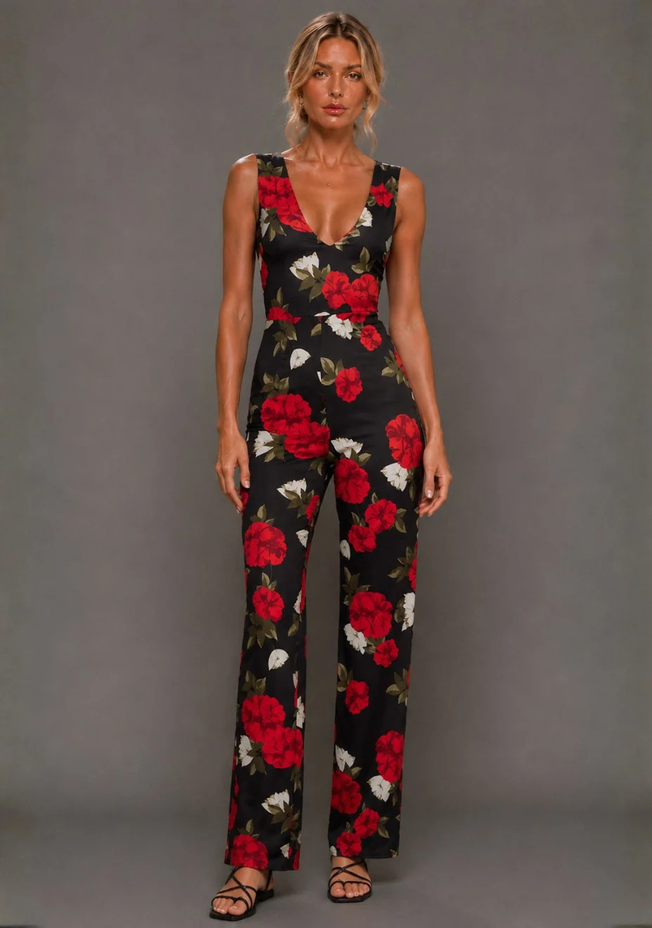 Noelle | V Neckline Black Floral Wide Leg Jumpsuit | VSPR UK