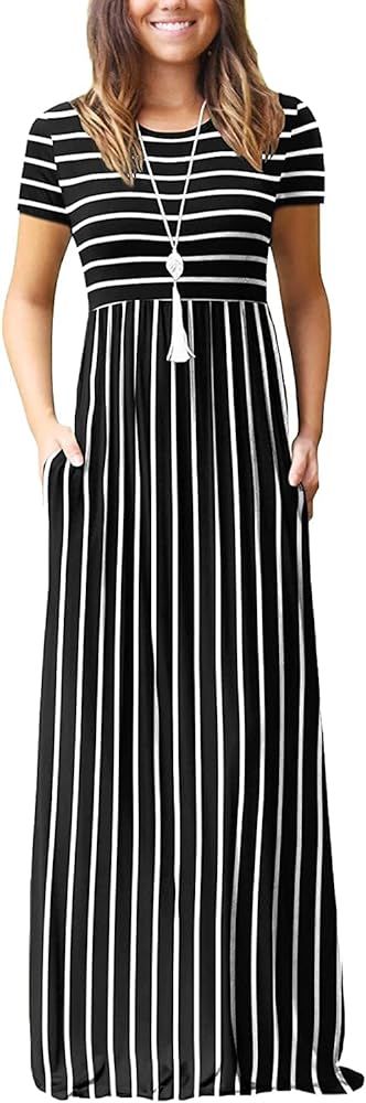 EUOVMY Women's Short Sleeve Loose Plain Maxi Dresses Casual Vacation Long Dresses with Pockets | Amazon (US)
