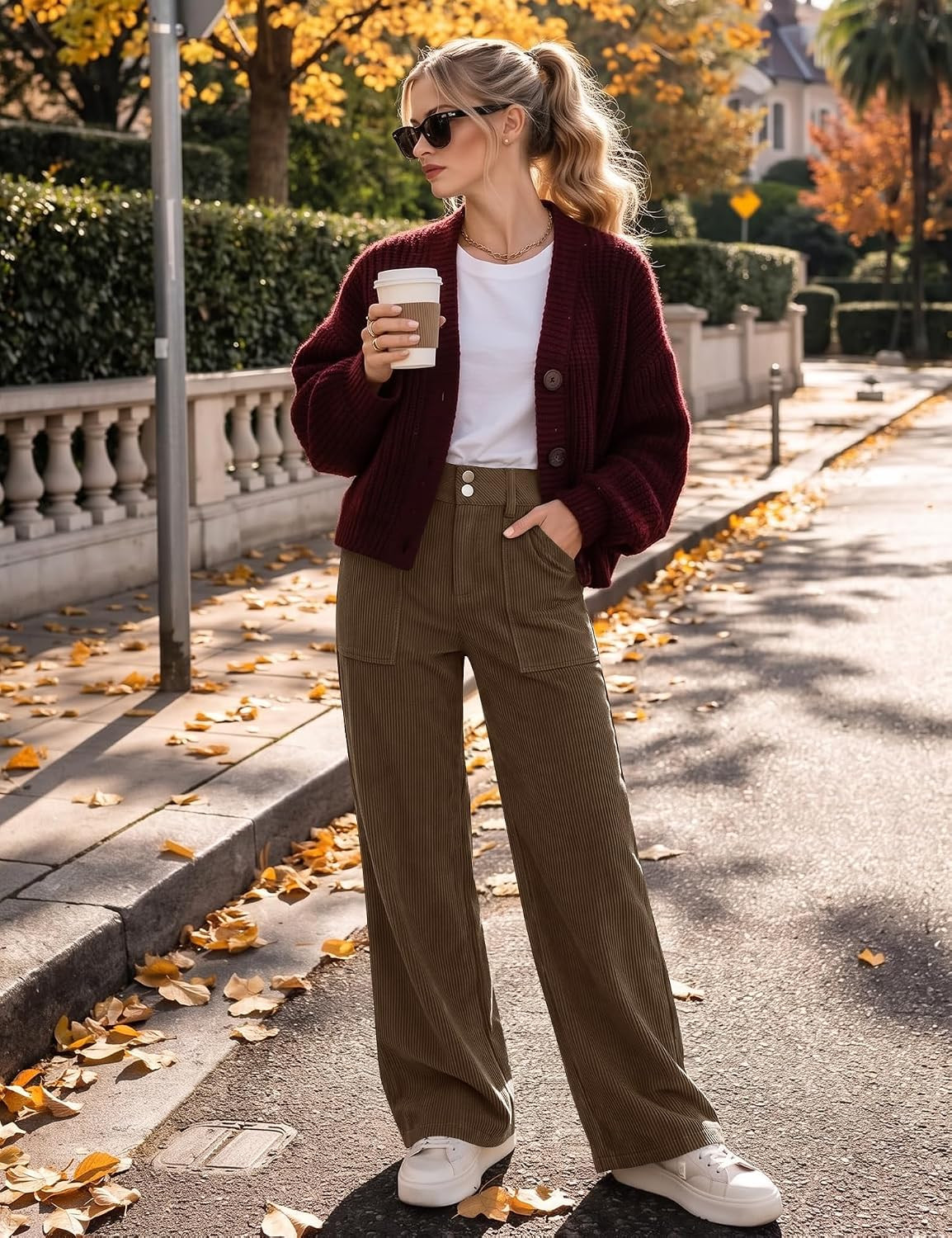 Rapbin Women's Corduroy Pants Wide Leg Mid Rise Casual Fall Winter Pants | Amazon (US)