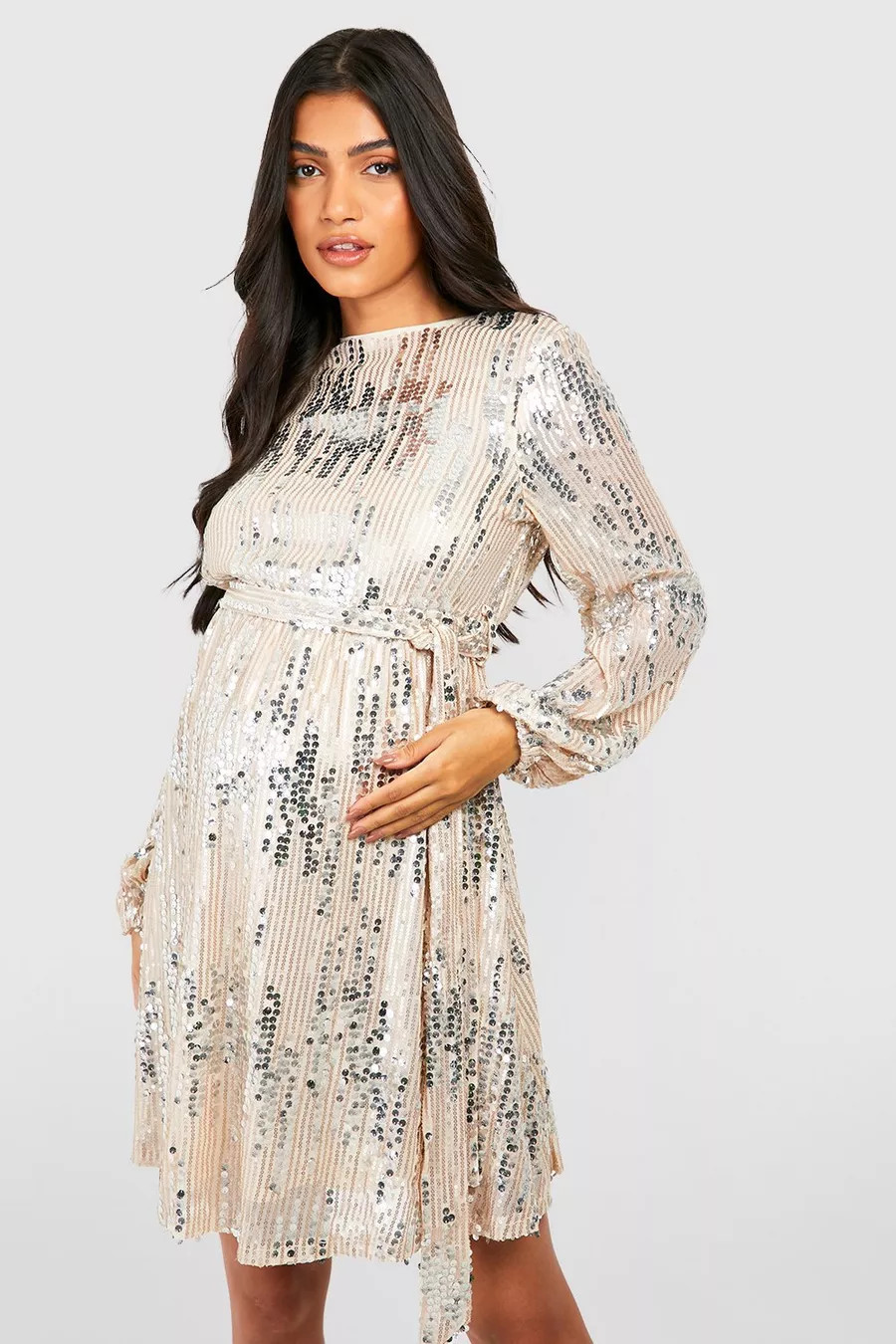 Maternity Zigzag Sequin Tie Waist Shift Dress | Boohoo.com (US & CA)
