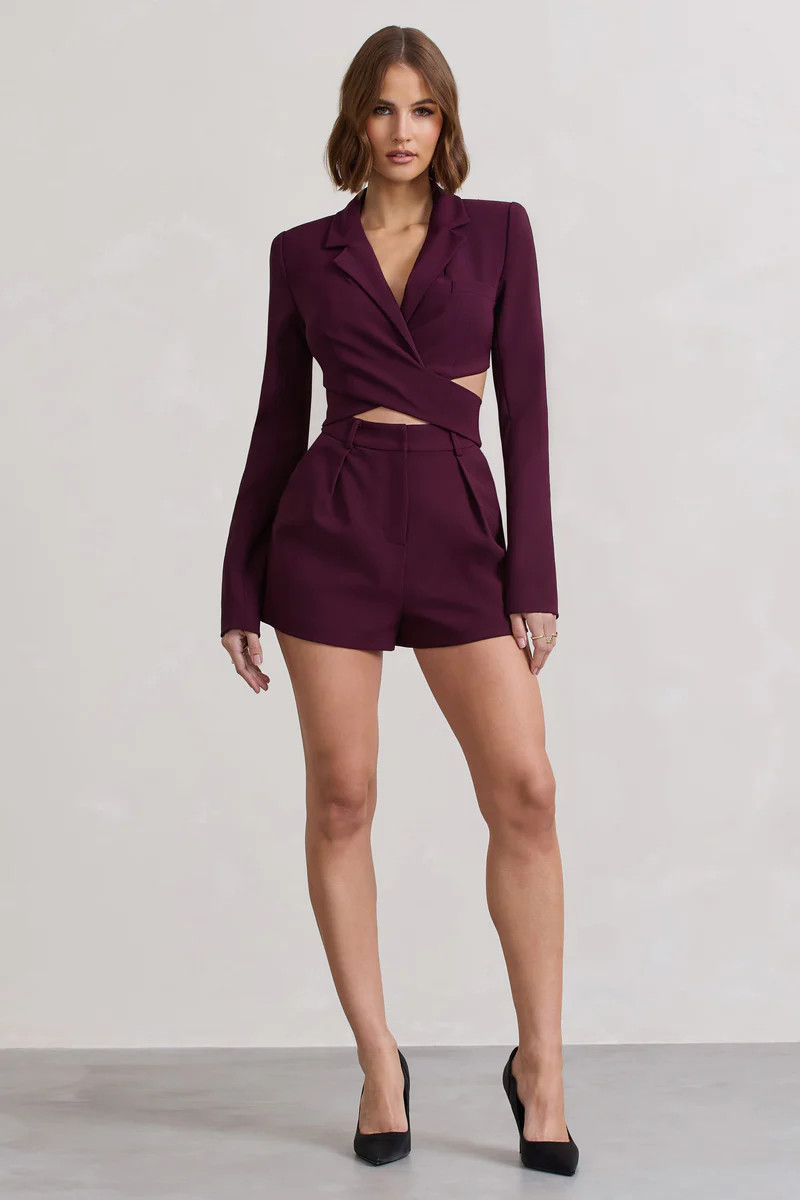Madison | Plum Plunge Tie Waist Tailored Playsuit | Club L London