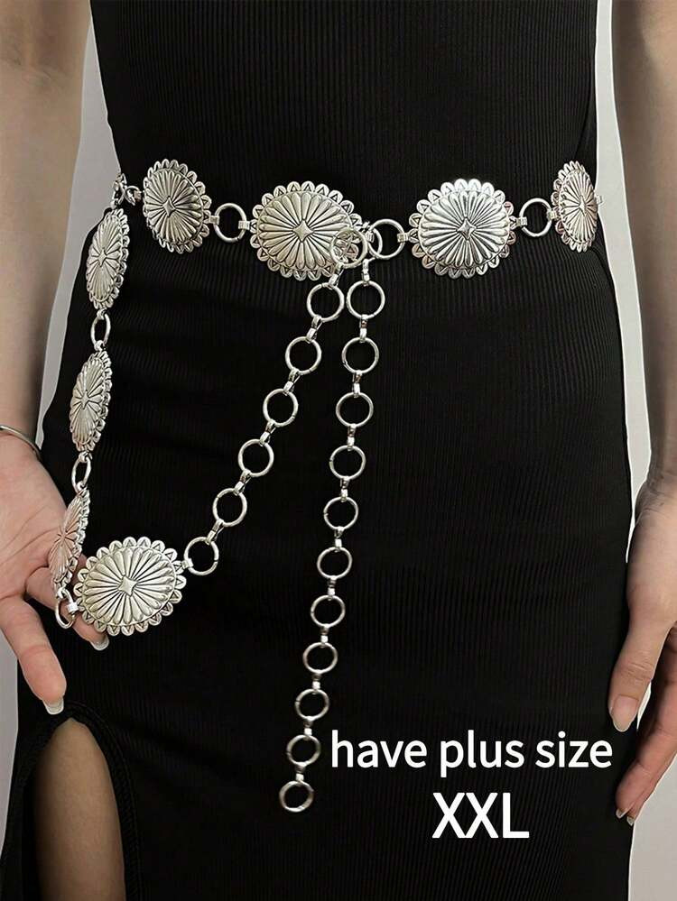 1pc Western Style Belt, Vintage Engraved Buckle Distressed Texture Metal Waist Chain, Suitable For Pairing With Western Style Jeans Summer, School | SHEIN
