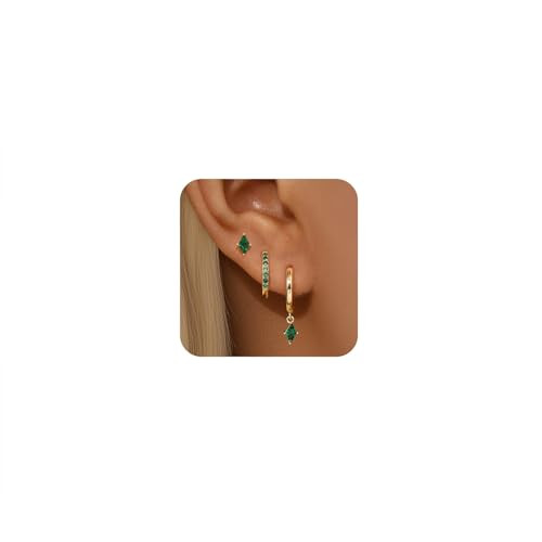 GEORGE · SMITH Gold Hoop Earrings for Women, 14k Gold Green Hoop Earring Emerald Huggie Stud Earrings, Earrings Set for Multiple Piercing Women Jewelry | Amazon (US)