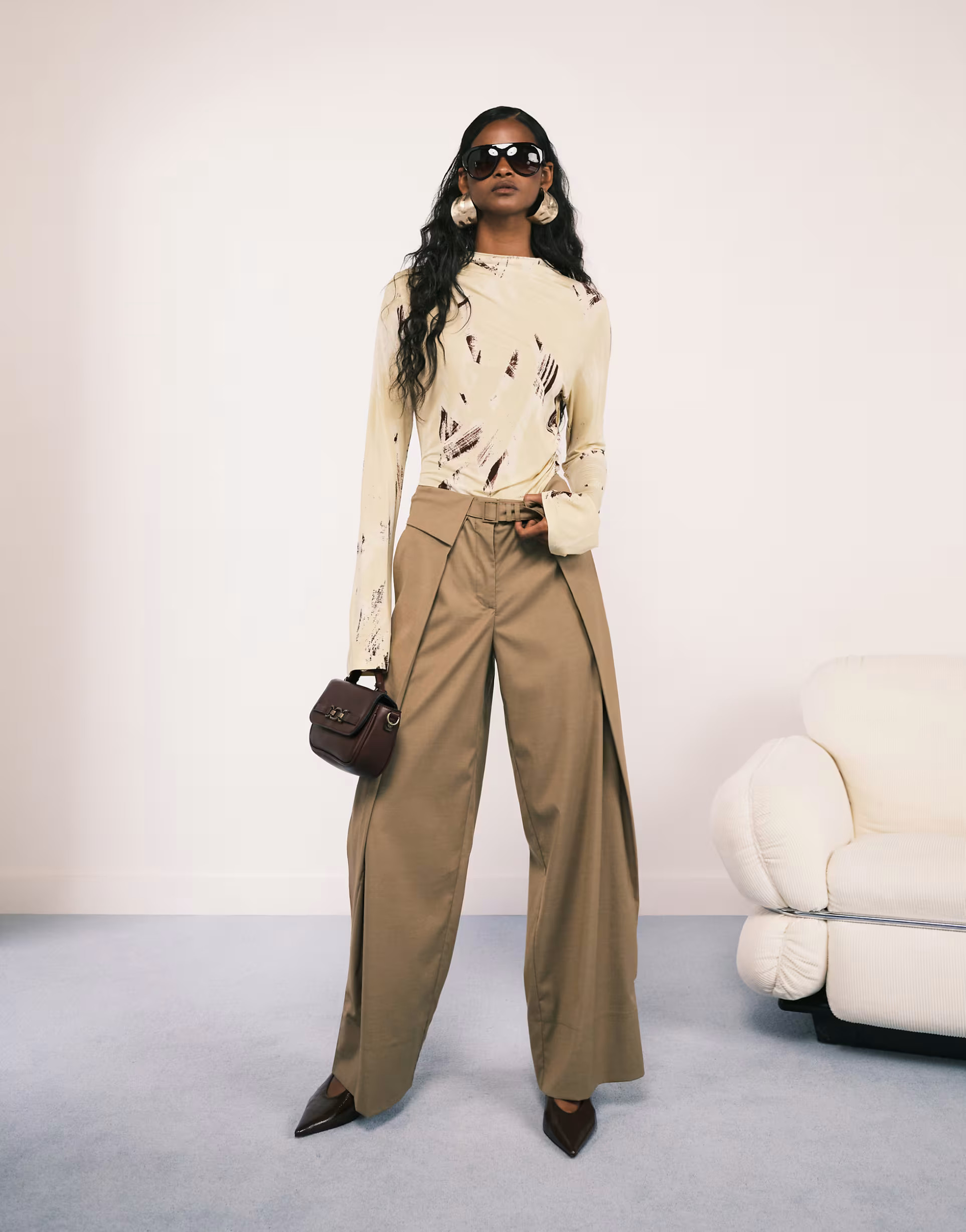 ASOS DESIGN tailored wide leg trousers with fold over waistband detail  in camel | ASOS (Global)