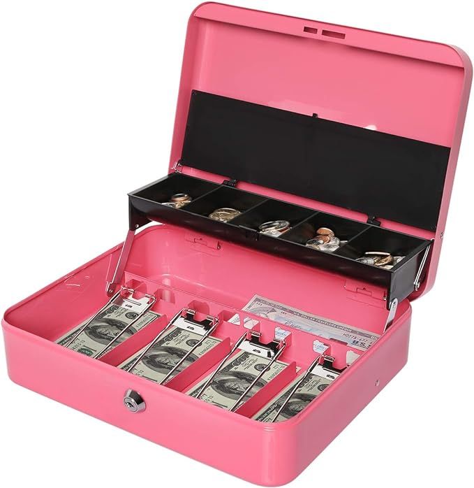 Jssmst Cash Box with Money Tray and Lock - Pink Cash Box with Key Lock Safe Money Box Large, Locking | Amazon (US)