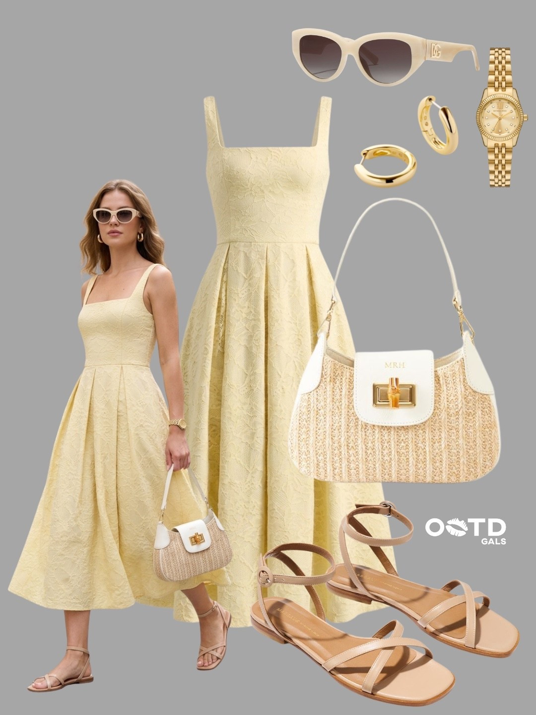 Soft butter yellow is one of the prettiest shades of the season 💛

This feminine midi dress creates an elegant and polished look while still feeling light, effortless, and perfect for warm-weather days.

✨ Style Details:
• Butter yellow jacquard midi dress with a structured bodice and full skirt
• Cream woven shoulder bag with gold hardware accents
• Nude strappy flat sandals for a refined and comfortable finish
• Gold hoop earrings and a classic gold watch
• Cream cat-eye sunglasses adding a chic vintage-inspired touch
• Soft neutral accessories that allow the dress color to shine

The delicate texture of the dress paired with warm gold jewelry and creamy accessories creates a sophisticated outfit that feels luxurious without being overdone.

Perfect for brunches, garden parties, baby showers, vacations, afternoon events, summer celebrations, or elegant daytime occasions.

#LTKeurope #LTKstyletip #LTKbag