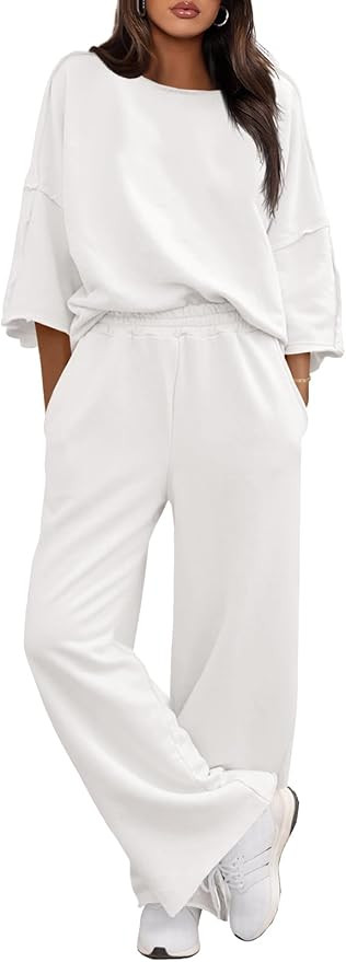 Fisoew Womens 2 Piece Lounge Sets Casual 3/4 Sleeve Tunic Tops Loose Wide Leg Pants Tracksuit Fal... | Amazon (US)