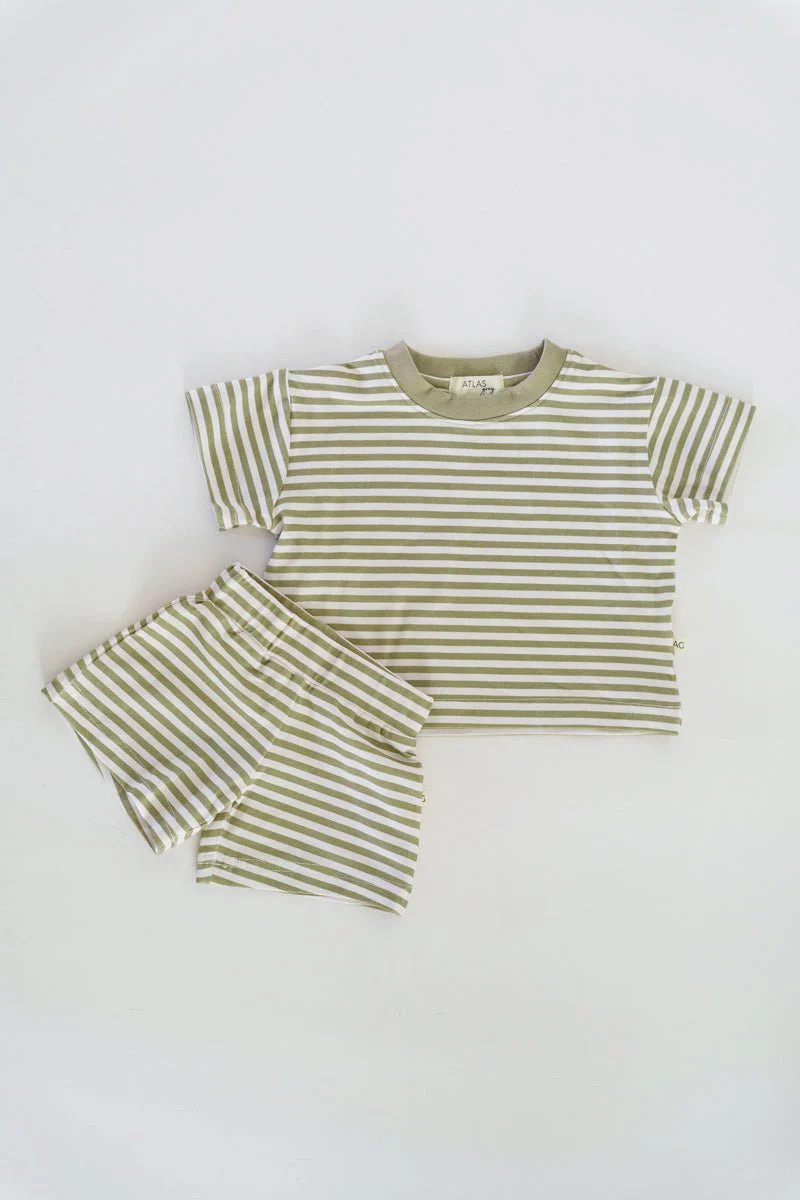 Organic Ringer Short Sleeve Set - Striped Moss | Atlas Grey