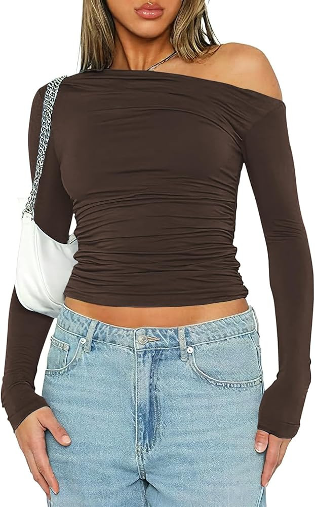 Womens Long Sleeve Off The Shoulder Tops Going Out Crop Tops Casual Y2K Slim Fit T Shirts | Amazon (US)