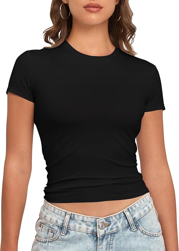 PALINDA Women's Short Sleeve Cropped Slim Fitted Tee Tops Basic Casual Workout Shirts Summer T Sh... | Amazon (US)