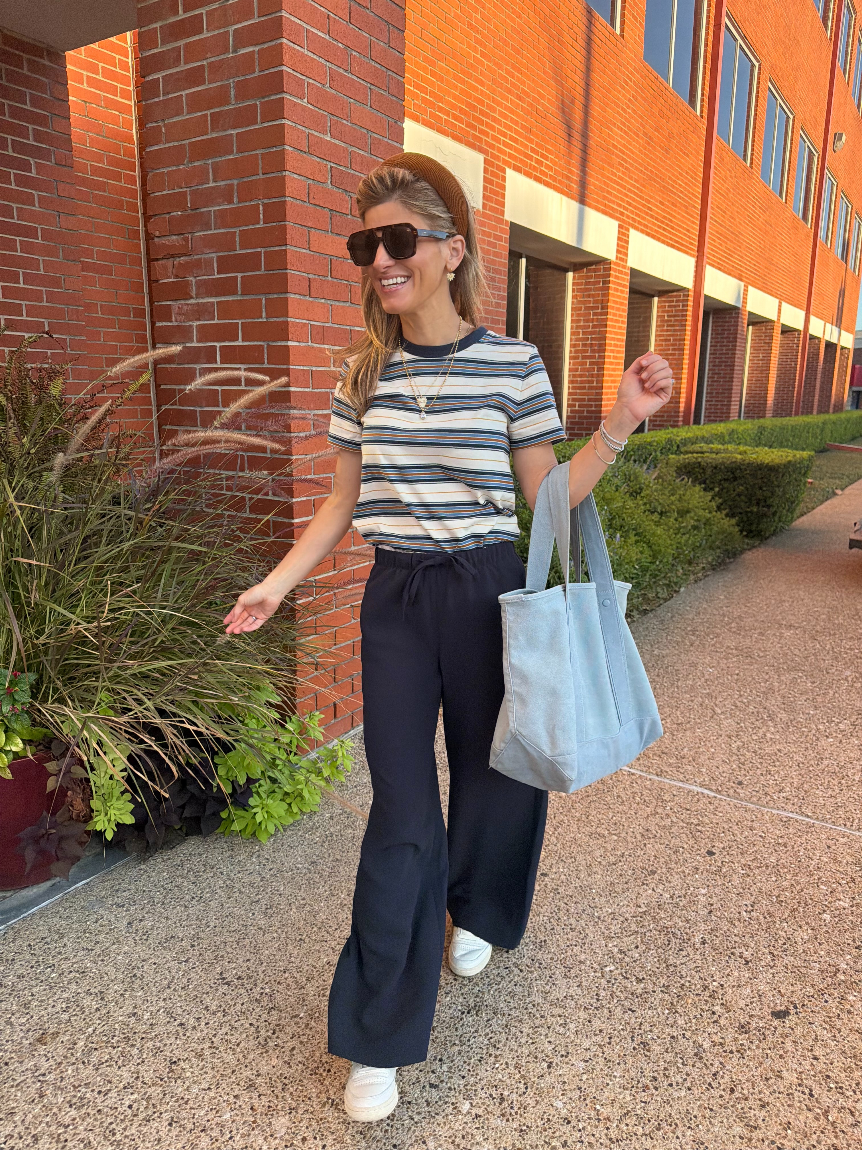 Aritzia Wide Leg Pull On Pants wearing XS. Madewell striped tee (wearing XS).  

 