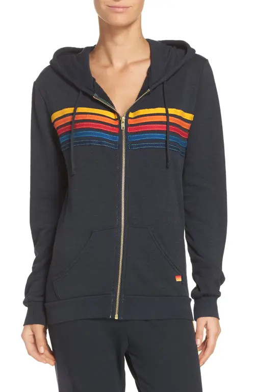 Aviator Nation 5-Stripe Zip Hoodie in Charcoal at Nordstrom, Size X-Large | Nordstrom