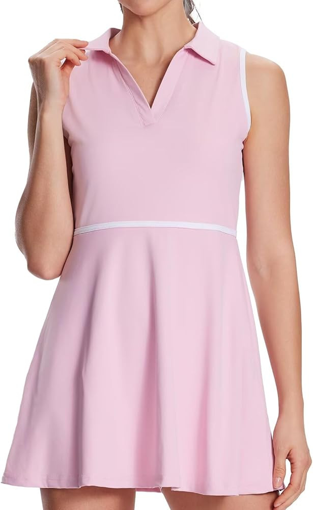 Women's Tennis Dress with Detachable Pocket Shorts, Convertible V-Neck & Polo Collar for Golf Gym | Amazon (US)
