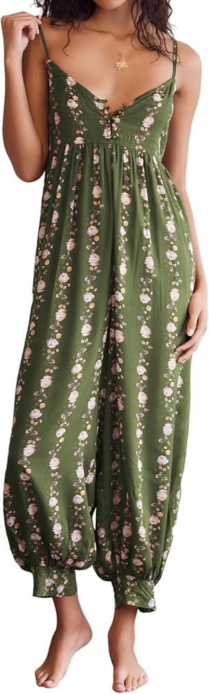 Huaqiao Women Loose Sleeveless Jumpsuits Spaghetti Strap Harem Overalls Boho Summer Floral Print ... | Amazon (US)