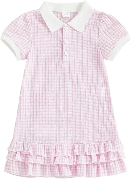 Toddler Baby Girl Dress Button-up Collared Short Sleeve Ruffle Gingham Dresses Princess Kids Spri... | Amazon (US)