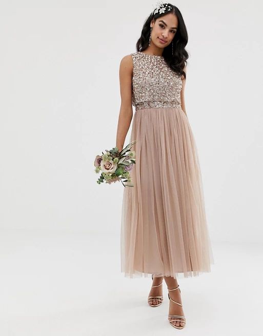 Maya Bridesmaid sleeveless midaxi tulle dress with tonal delicate sequin overlay in taupe blush | ASOS US