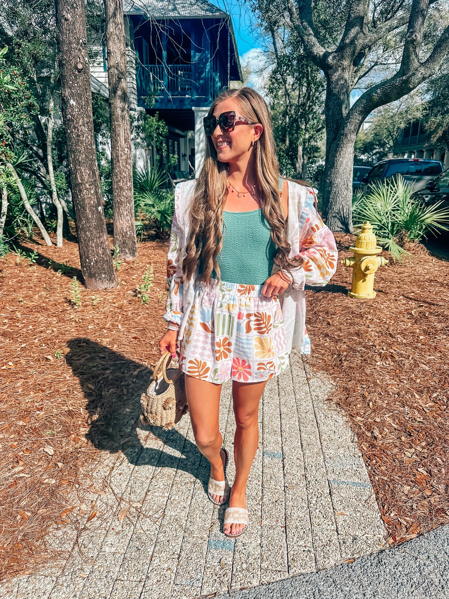 wearing a size small- Green ribbed swimsuit, olive green one piece, Amazon swimsuit, flower straw beach purse, shell charm necklace, beach style necklace 