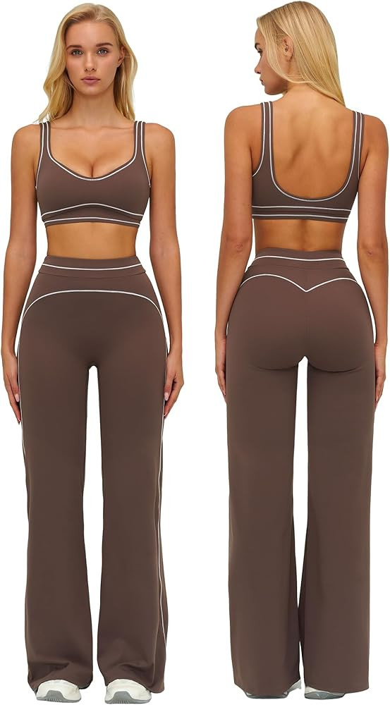 ABOCIW Two Piece Workout Sets for Women Racerback Tank Top Matching High Waist Wide Leg Yoga Pant... | Amazon (US)