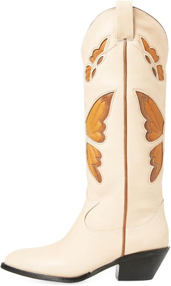 Butterfly Knee High Boots for Women Cowgirl Autumn Western Almond Toe Shoes | Amazon (US)