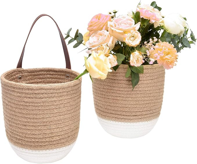 JS HOME 2 Pack Jute & Cotton Hanging Baskets with Leather Handle, Decorative Woven Basket for Pla... | Amazon (US)